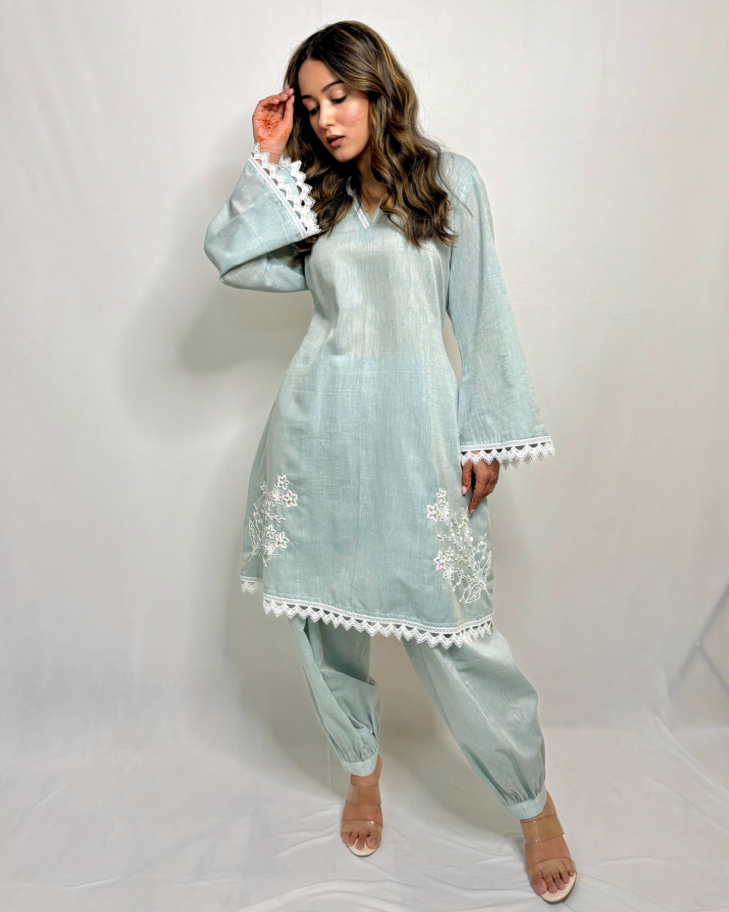 Pastel blue double side embroidery co-ord set