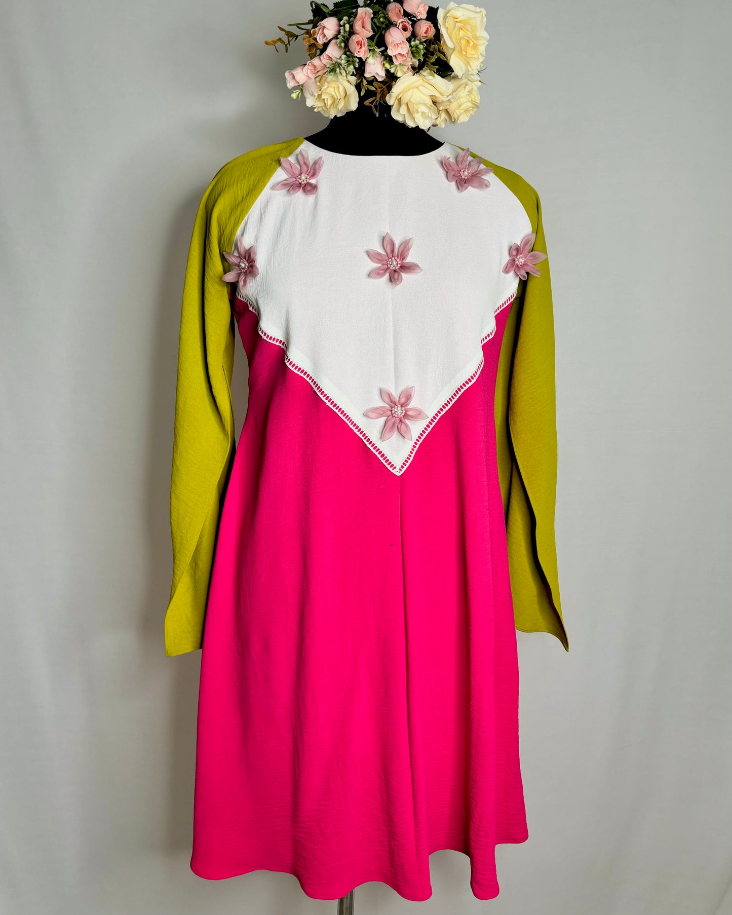 Cape sleeve with white patch and pink organza flowers