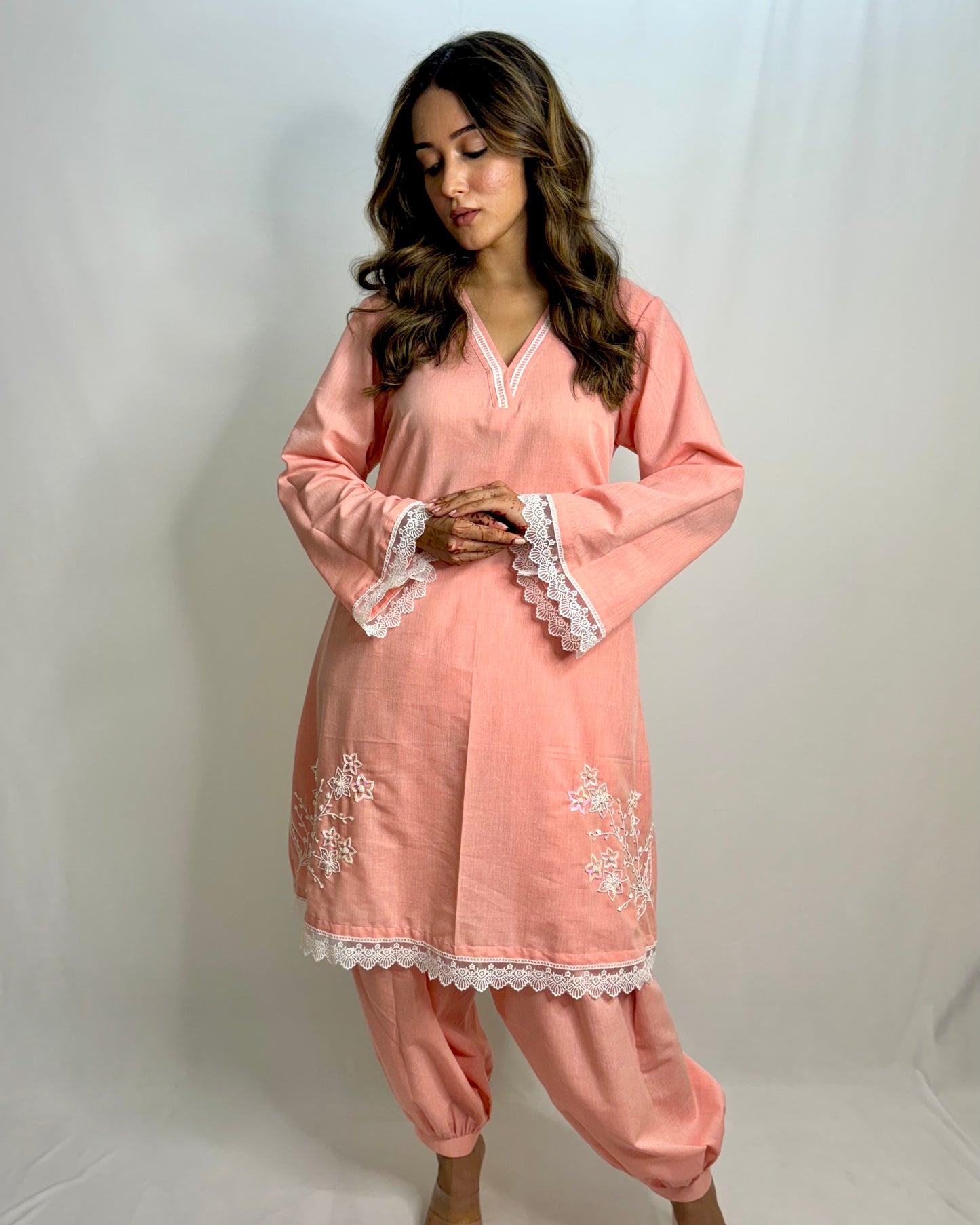 Peach double side embroidered co-ord set