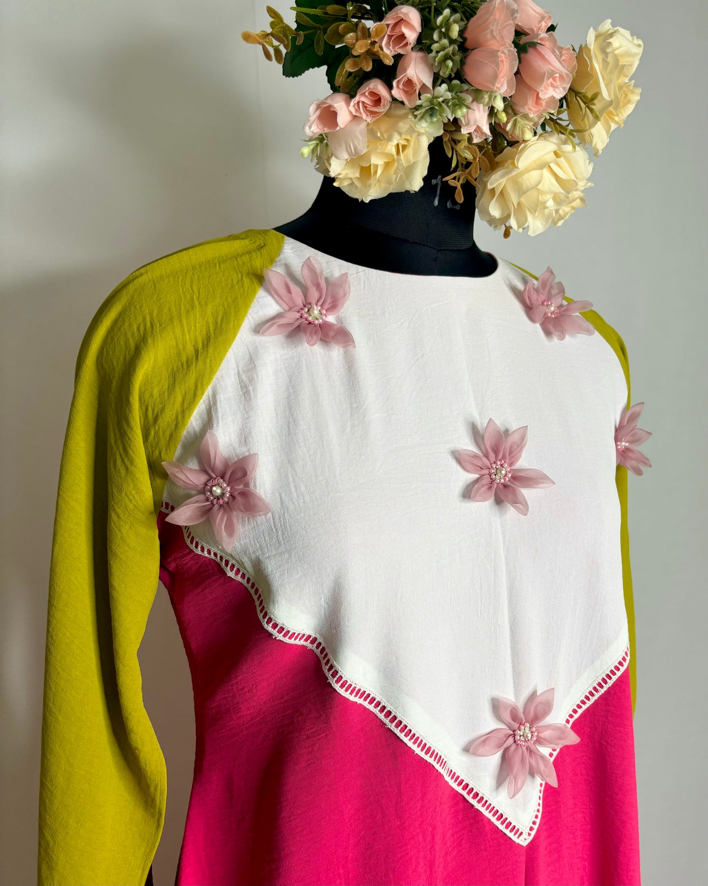 Cape sleeve with white patch and pink organza flowers