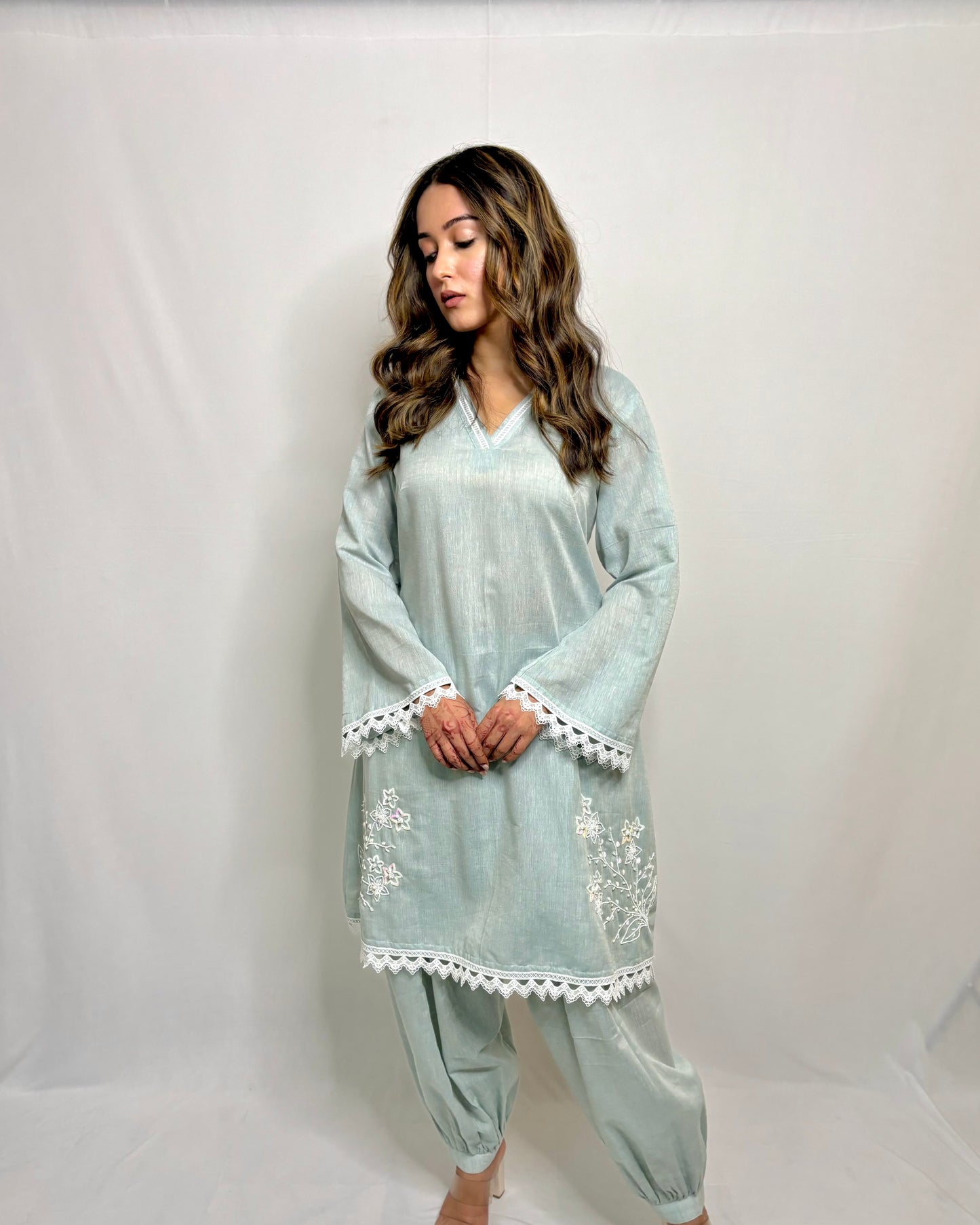 Pastel blue double side embroidery co-ord set