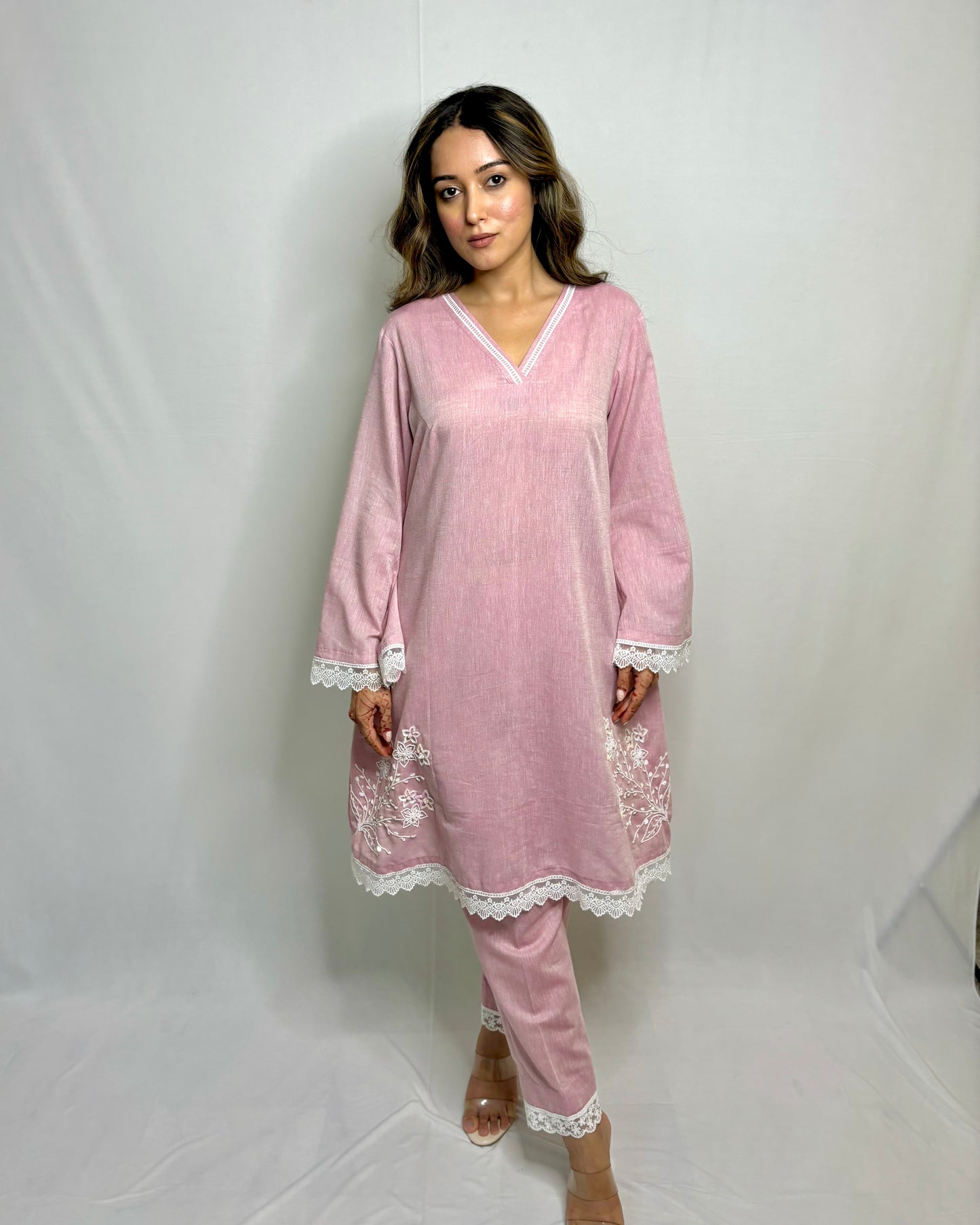 Pastel onion pink double side embroidery co-ord set