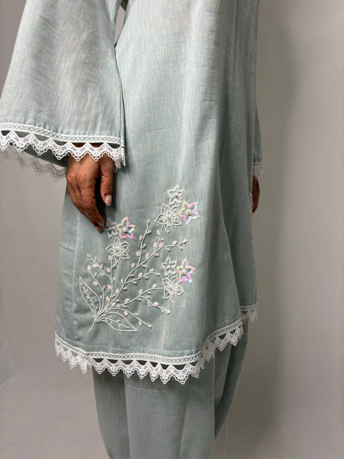 Pastel blue double side embroidery co-ord set