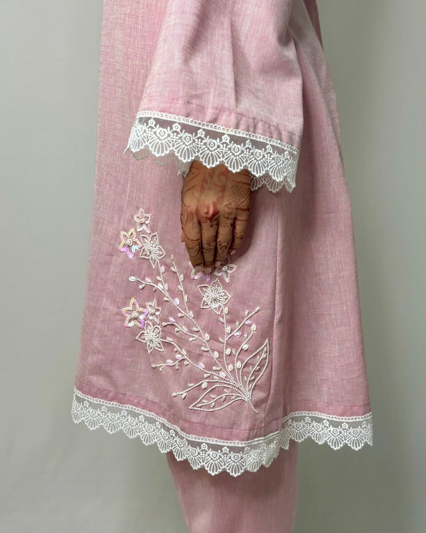 Pastel onion pink double side embroidery co-ord set