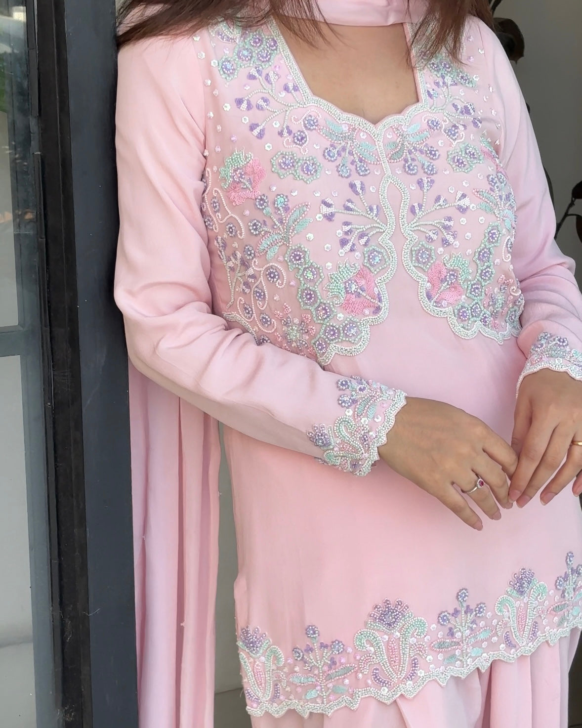 Pink embroidered suit with dupatta 3 piece set