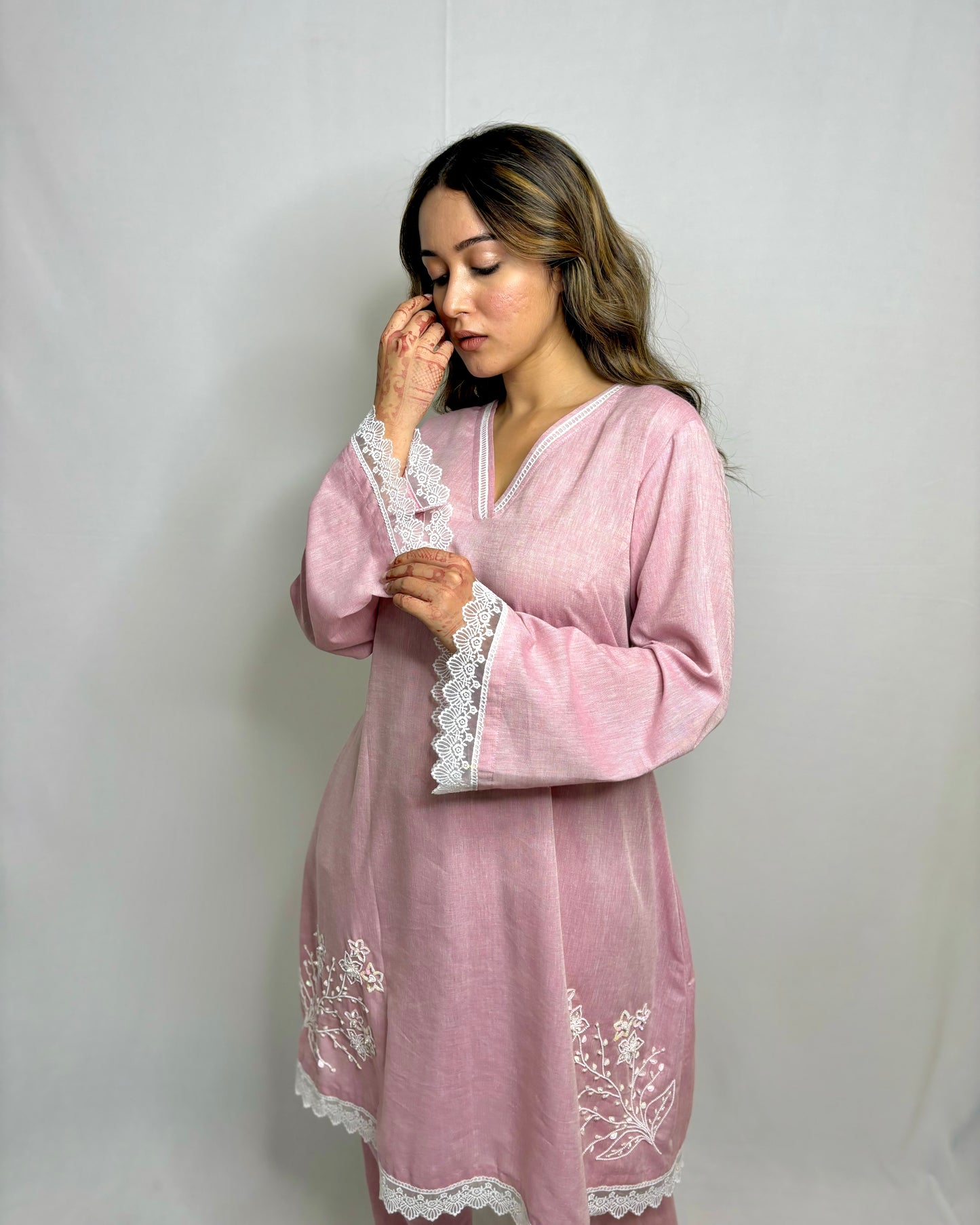 Pastel onion pink double side embroidery co-ord set