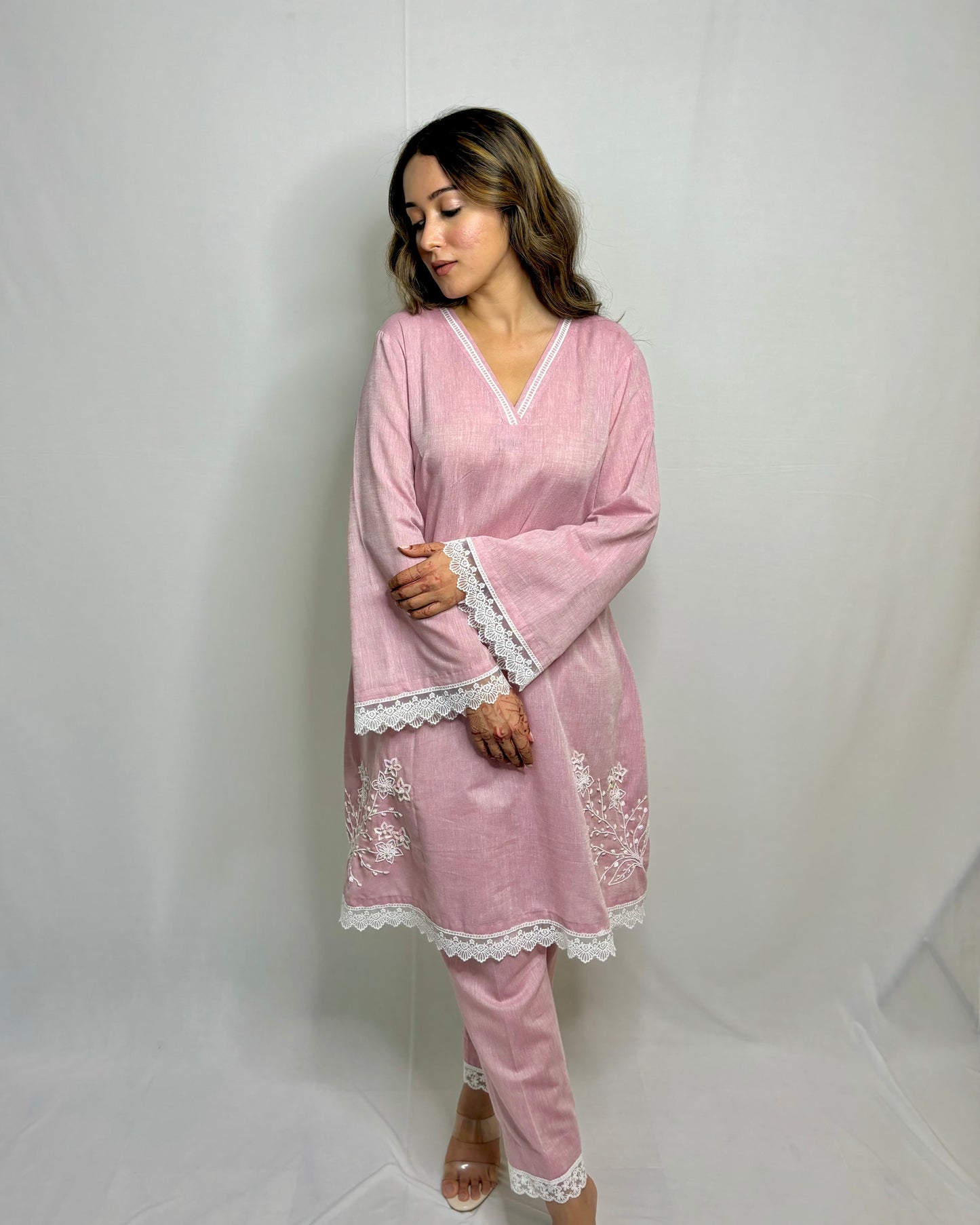 Pastel onion pink double side embroidery co-ord set