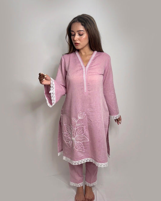 Pastel onion pink embroidered co-ord set